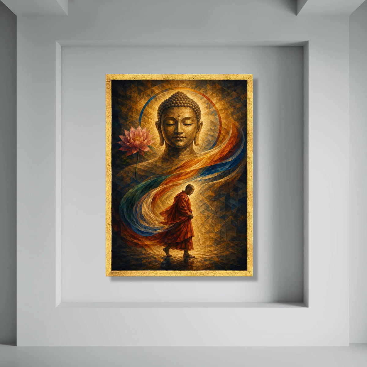Meditative Buddha Canvas Wall Art, Buddhist Monk Walking, Spiritual Home Decor, Lotus Flower and Halo, Inspirational Meditation Print Art