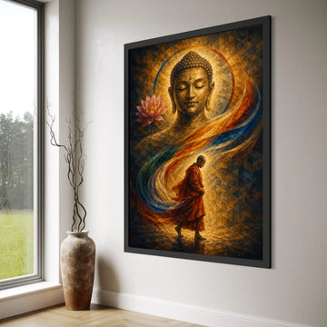 Meditative Buddha Canvas Wall Art, Buddhist Monk Walking, Spiritual Home Decor, Lotus Flower and Halo, Inspirational Meditation Print Art