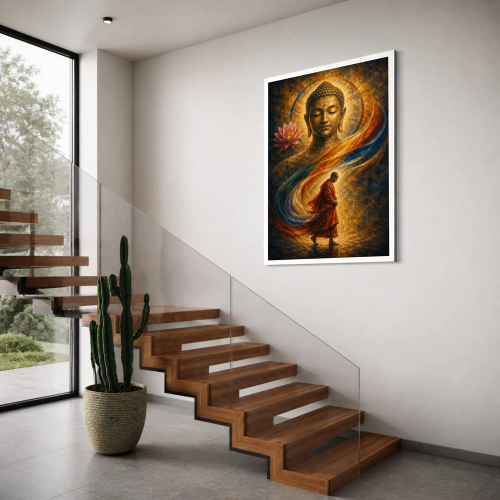 Meditative Buddha Canvas Wall Art, Buddhist Monk Walking, Spiritual Home Decor, Lotus Flower and Halo, Inspirational Meditation Print Art