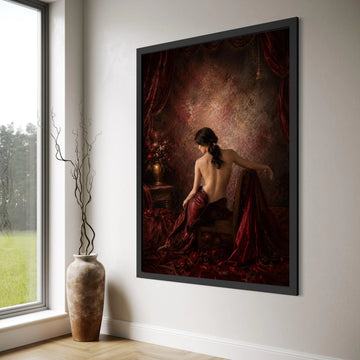 Elegant Back View Woman Canvas, Vintage Style Wall Art, Red Drapery Canvas, Classic Home Decor, Sensual Portrait Canvas, Ready to Print Art