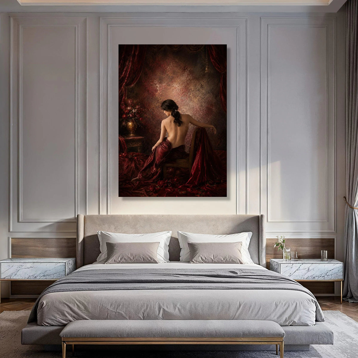Elegant Back View Woman Canvas, Vintage Style Wall Art, Red Drapery Canvas, Classic Home Decor, Sensual Portrait Canvas, Ready to Print Art