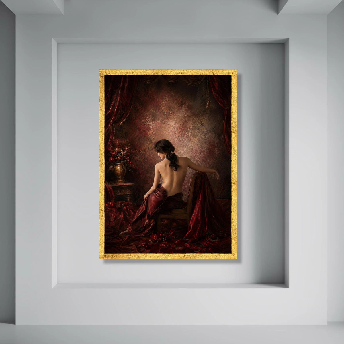 Elegant Back View Woman Canvas, Vintage Style Wall Art, Red Drapery Canvas, Classic Home Decor, Sensual Portrait Canvas, Ready to Print Art