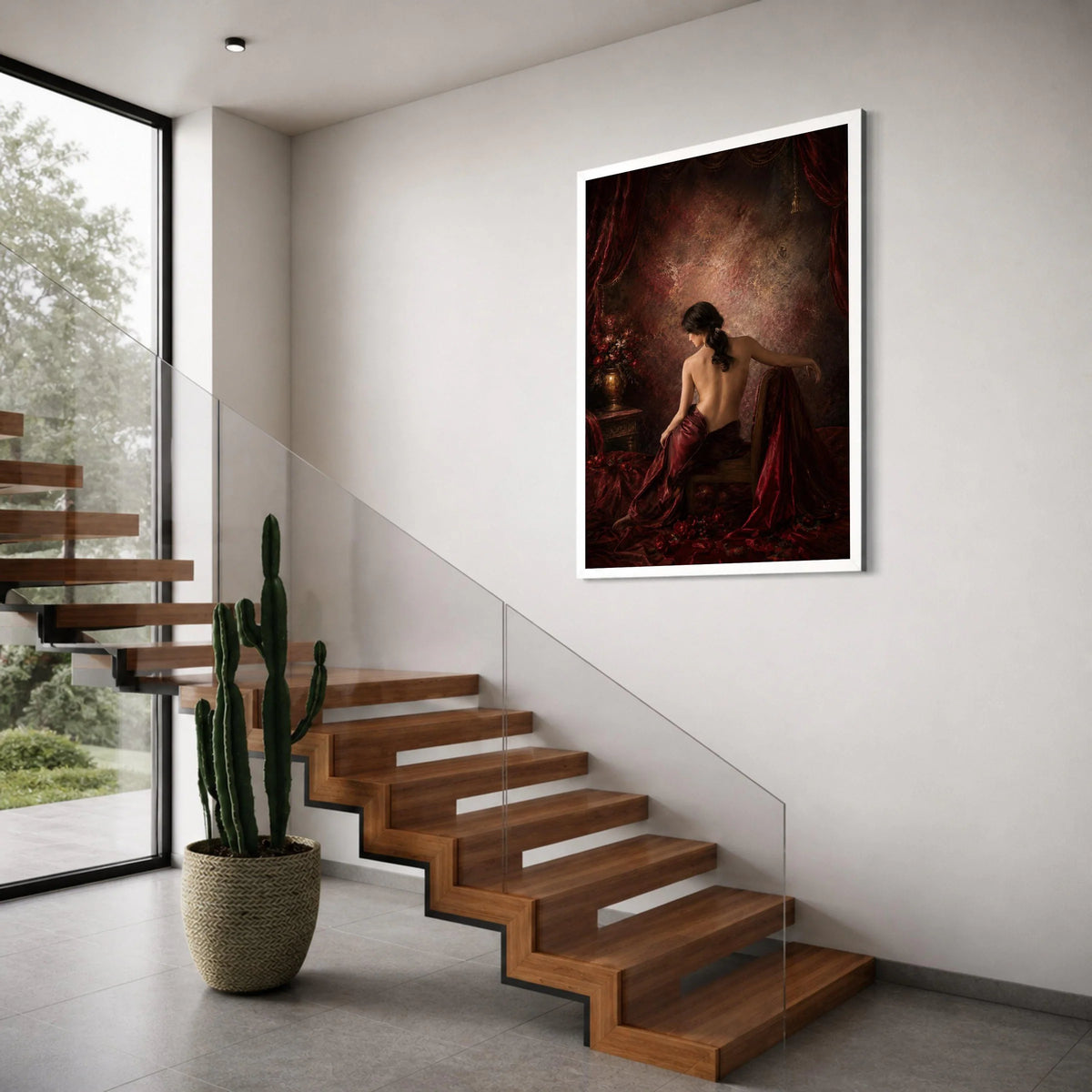 Elegant Back View Woman Canvas, Vintage Style Wall Art, Red Drapery Canvas, Classic Home Decor, Sensual Portrait Canvas, Ready to Print Art