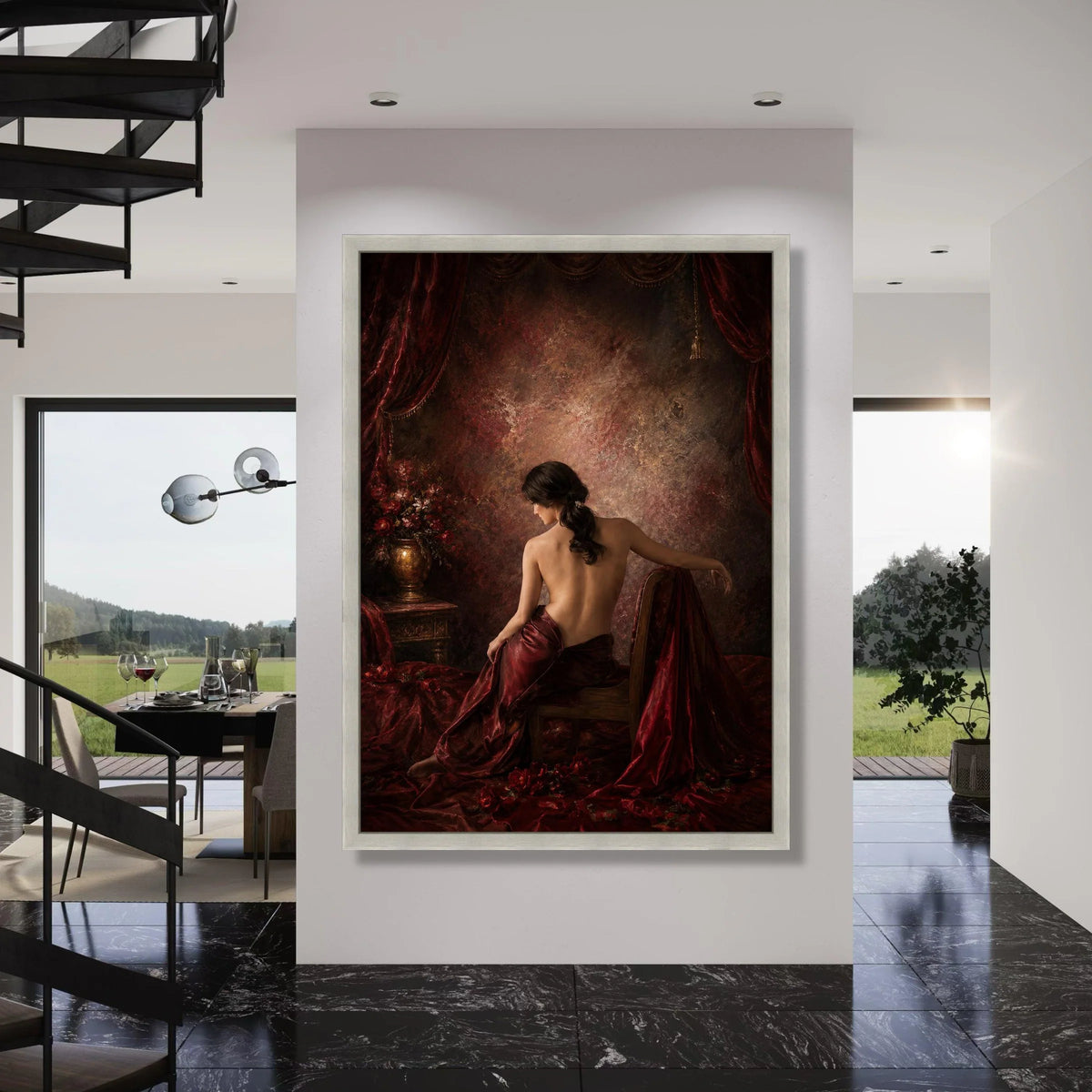 Elegant Back View Woman Canvas, Vintage Style Wall Art, Red Drapery Canvas, Classic Home Decor, Sensual Portrait Canvas, Ready to Print Art