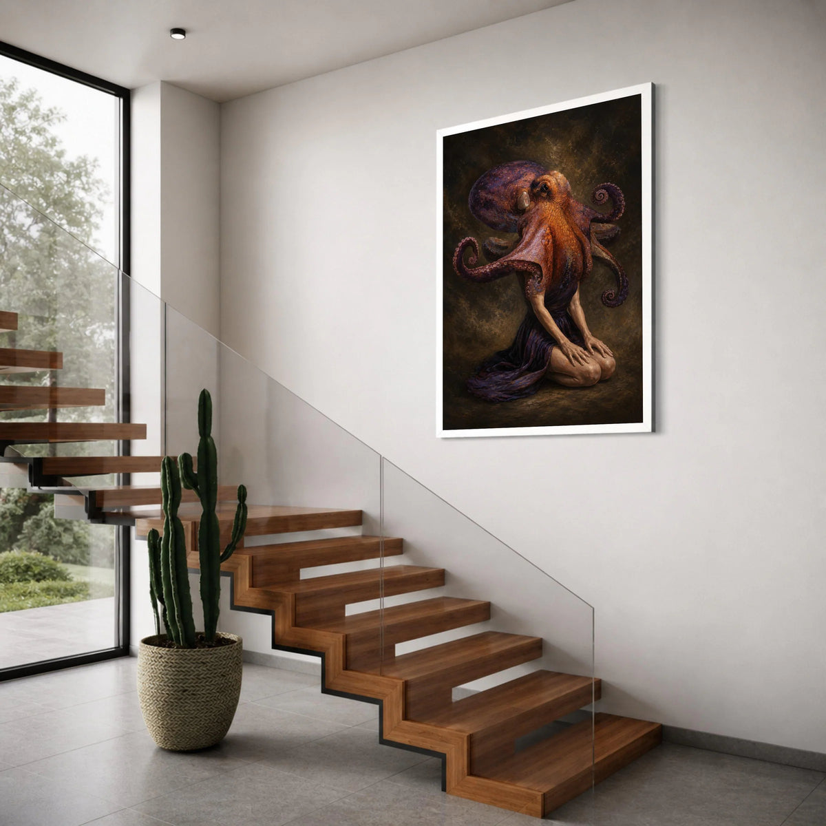 Surreal Human Octopus Canvas Wall Art, Fantasy Sea Creature Portrait, Unique Marine Animal Decor, Contemporary Art Print for Home Print Art