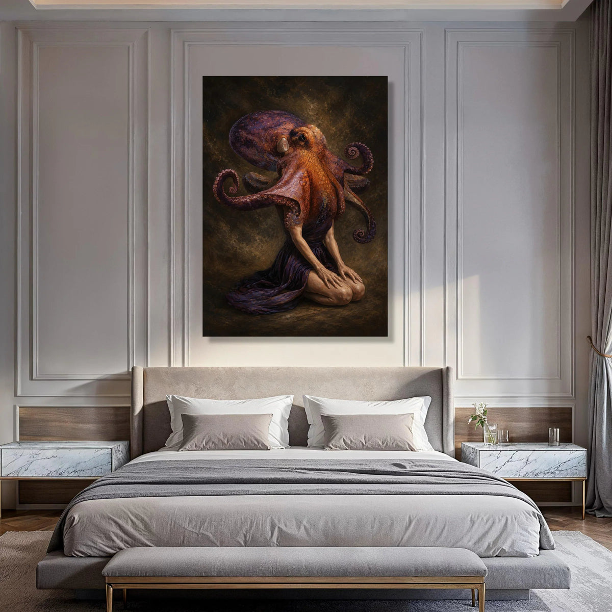 Surreal Human Octopus Canvas Wall Art, Fantasy Sea Creature Portrait, Unique Marine Animal Decor, Contemporary Art Print for Home Print Art