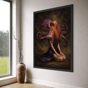 Surreal Human Octopus Canvas Wall Art, Fantasy Sea Creature Portrait, Unique Marine Animal Decor, Contemporary Art Print for Home Print Art
