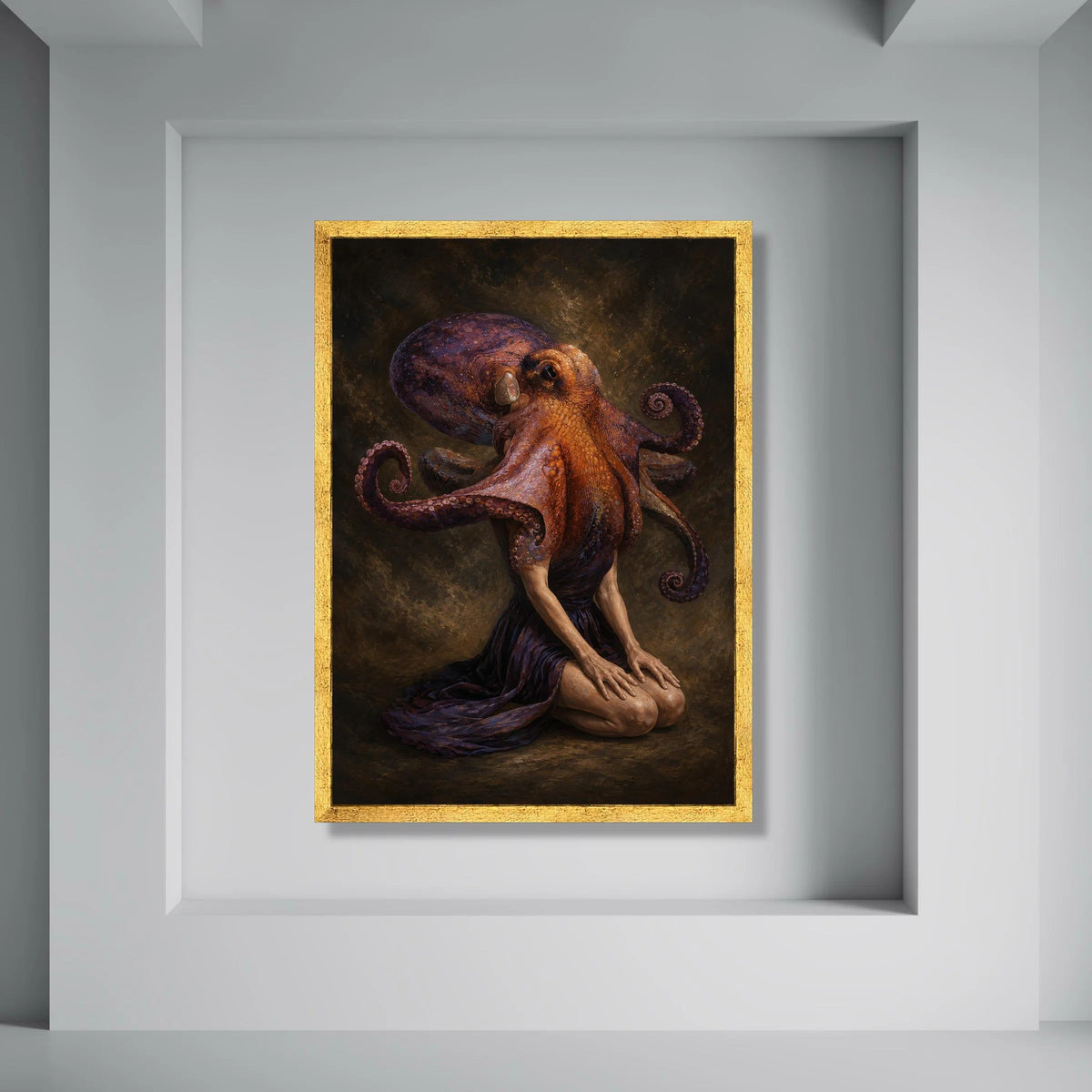 Surreal Human Octopus Canvas Wall Art, Fantasy Sea Creature Portrait, Unique Marine Animal Decor, Contemporary Art Print for Home Print Art