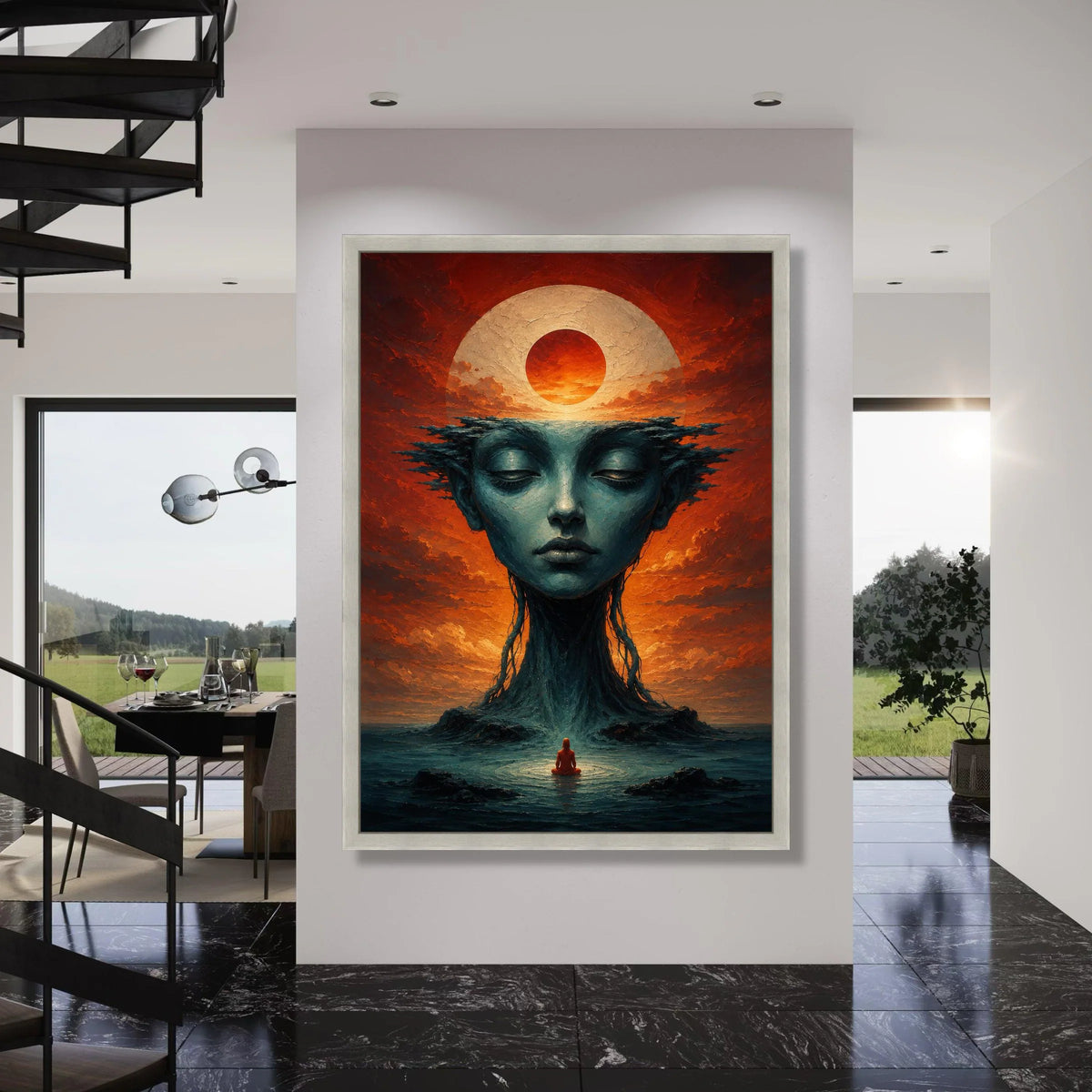 Surreal Meditation Scene Canvas, Mystical Female Face Art, Sunset Sky Wall Decor, Spiritual Landscape Canvas, Dreamlike Home Print Art