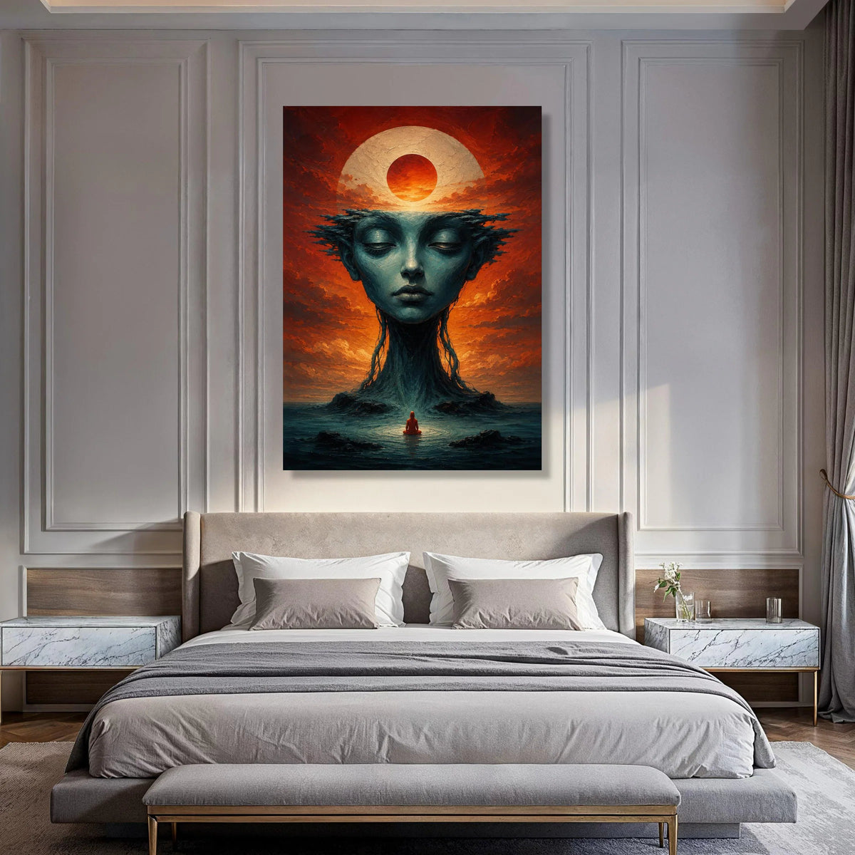 Surreal Meditation Scene Canvas, Mystical Female Face Art, Sunset Sky Wall Decor, Spiritual Landscape Canvas, Dreamlike Home Print Art