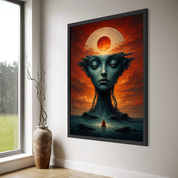 Surreal Meditation Scene Canvas, Mystical Female Face Art, Sunset Sky Wall Decor, Spiritual Landscape Canvas, Dreamlike Home Print Art