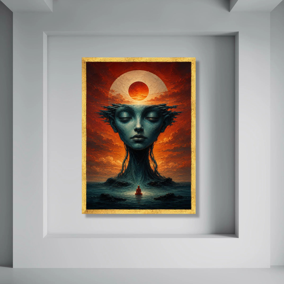Surreal Meditation Scene Canvas, Mystical Female Face Art, Sunset Sky Wall Decor, Spiritual Landscape Canvas, Dreamlike Home Print Art