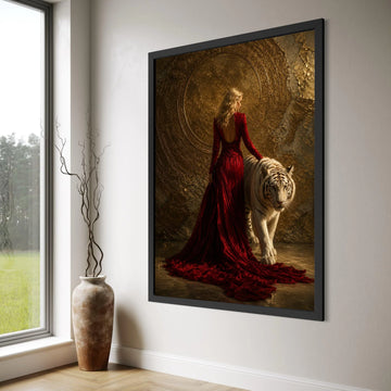 Elegant Woman Red Gown with White Tiger Canvas, Luxury Animal and Fashion Wall Art, Glamorous Home Decoration, Mystical Gold Print Art