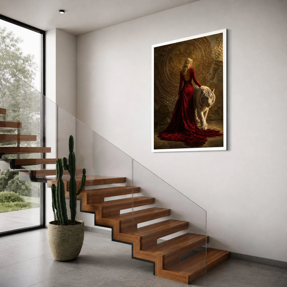 Elegant Woman Red Gown with White Tiger Canvas, Luxury Animal and Fashion Wall Art, Glamorous Home Decoration, Mystical Gold Print Art