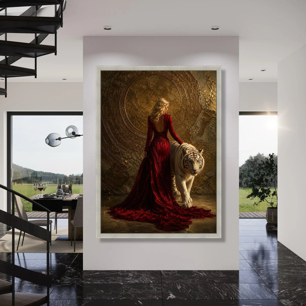 Elegant Woman Red Gown with White Tiger Canvas, Luxury Animal and Fashion Wall Art, Glamorous Home Decoration, Mystical Gold Print Art