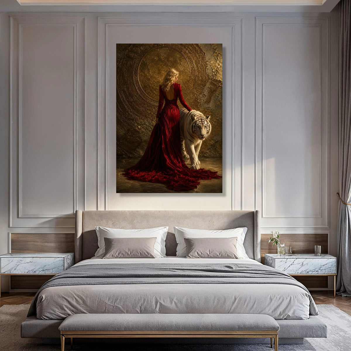Elegant Woman Red Gown with White Tiger Canvas, Luxury Animal and Fashion Wall Art, Glamorous Home Decoration, Mystical Gold Print Art
