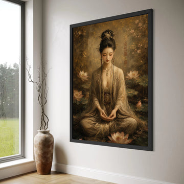 Elegant Asian Woman Meditating Amid Lotus Flowers, Traditional Dress Canvas, Serene Oriental Wall Art, Spiritual Home Decoration Print Art