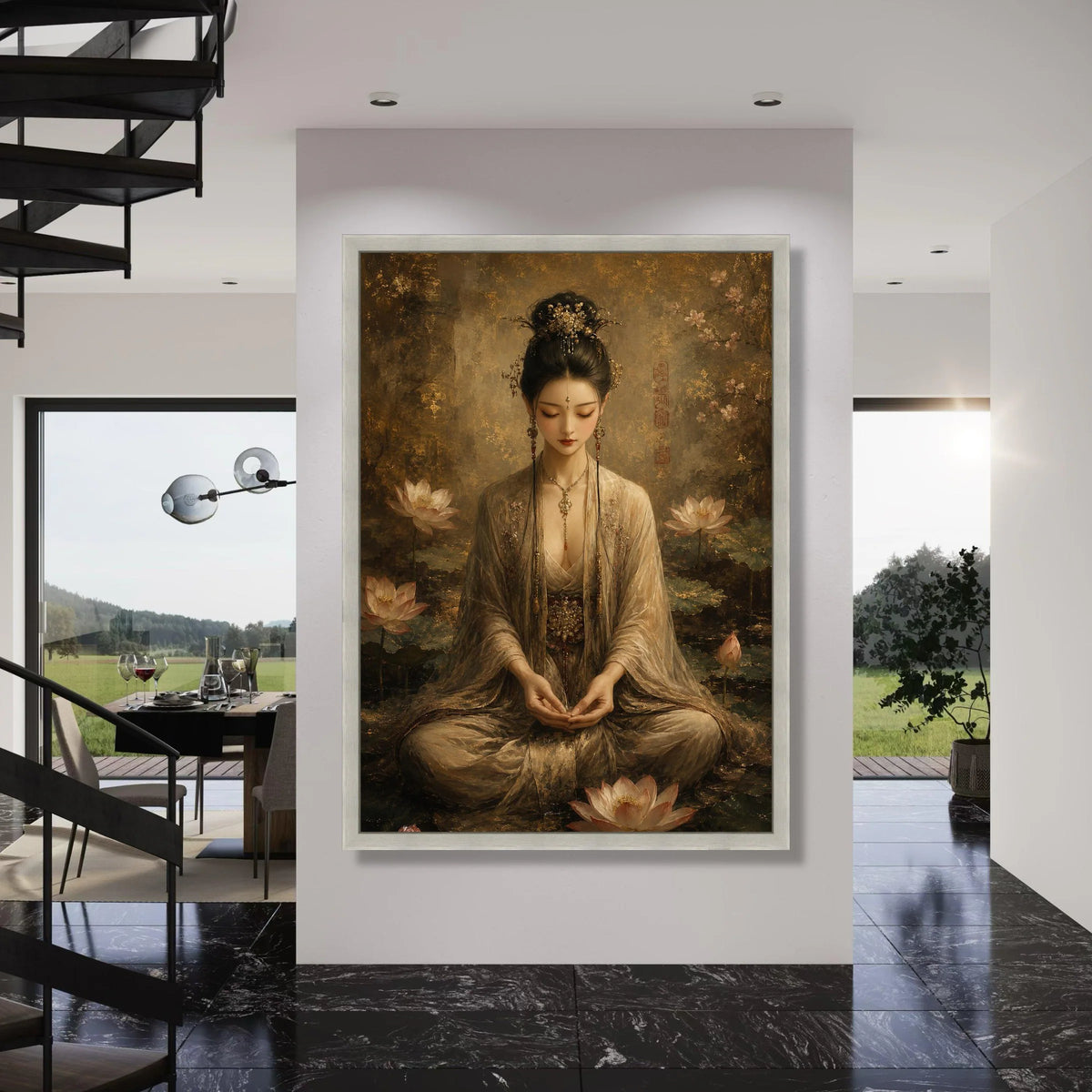Elegant Asian Woman Meditating Amid Lotus Flowers, Traditional Dress Canvas, Serene Oriental Wall Art, Spiritual Home Decoration Print Art