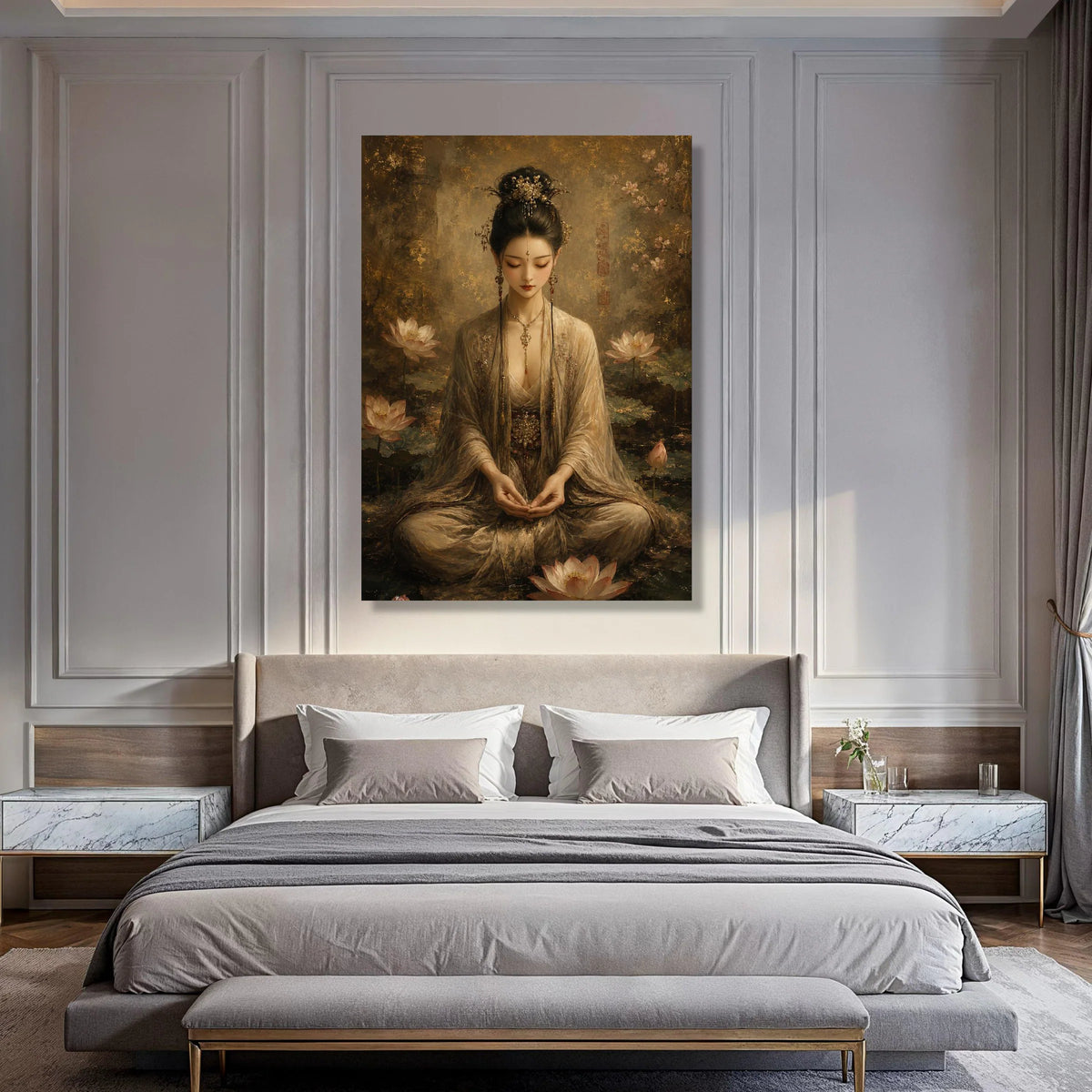 Elegant Asian Woman Meditating Amid Lotus Flowers, Traditional Dress Canvas, Serene Oriental Wall Art, Spiritual Home Decoration Print Art