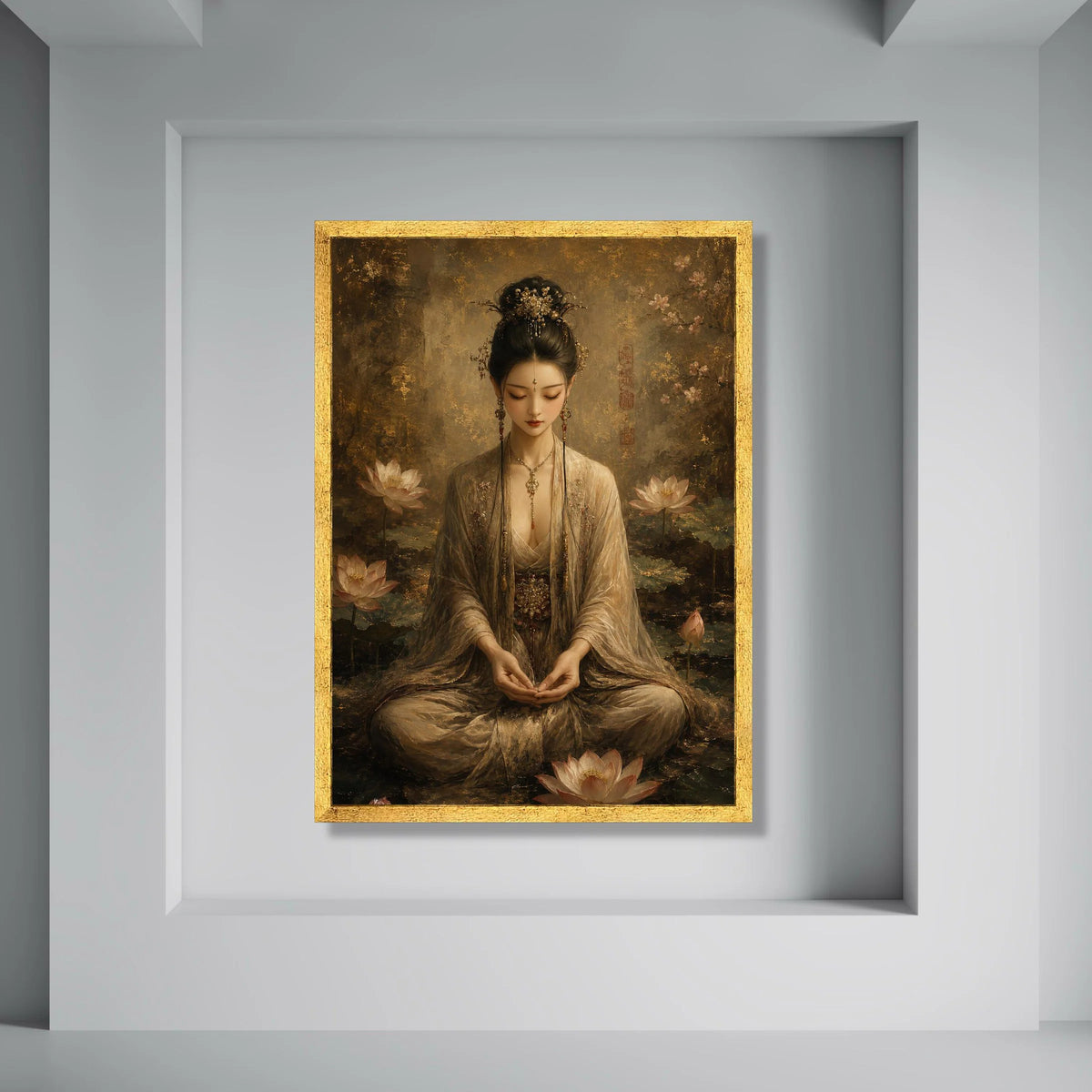 Elegant Asian Woman Meditating Amid Lotus Flowers, Traditional Dress Canvas, Serene Oriental Wall Art, Spiritual Home Decoration Print Art