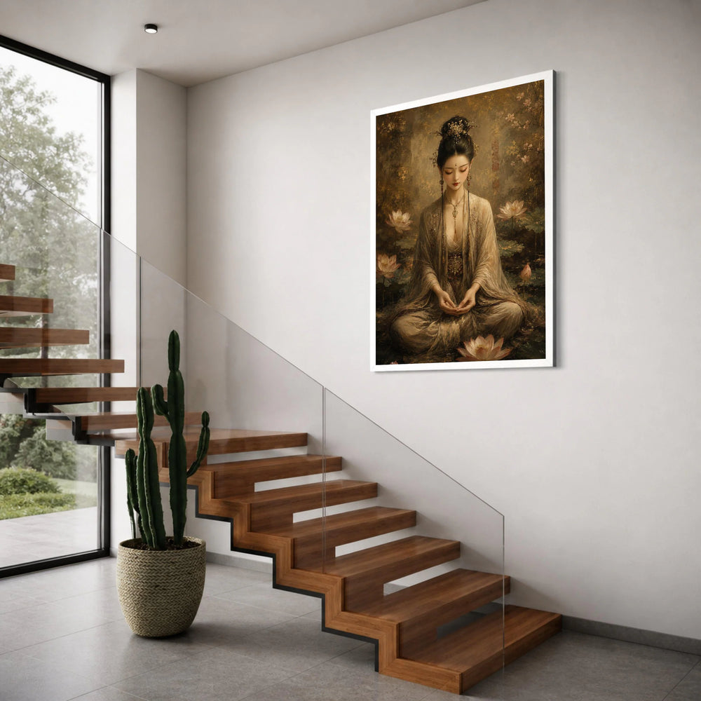 Elegant Asian Woman Meditating Amid Lotus Flowers, Traditional Dress Canvas, Serene Oriental Wall Art, Spiritual Home Decoration Print Art
