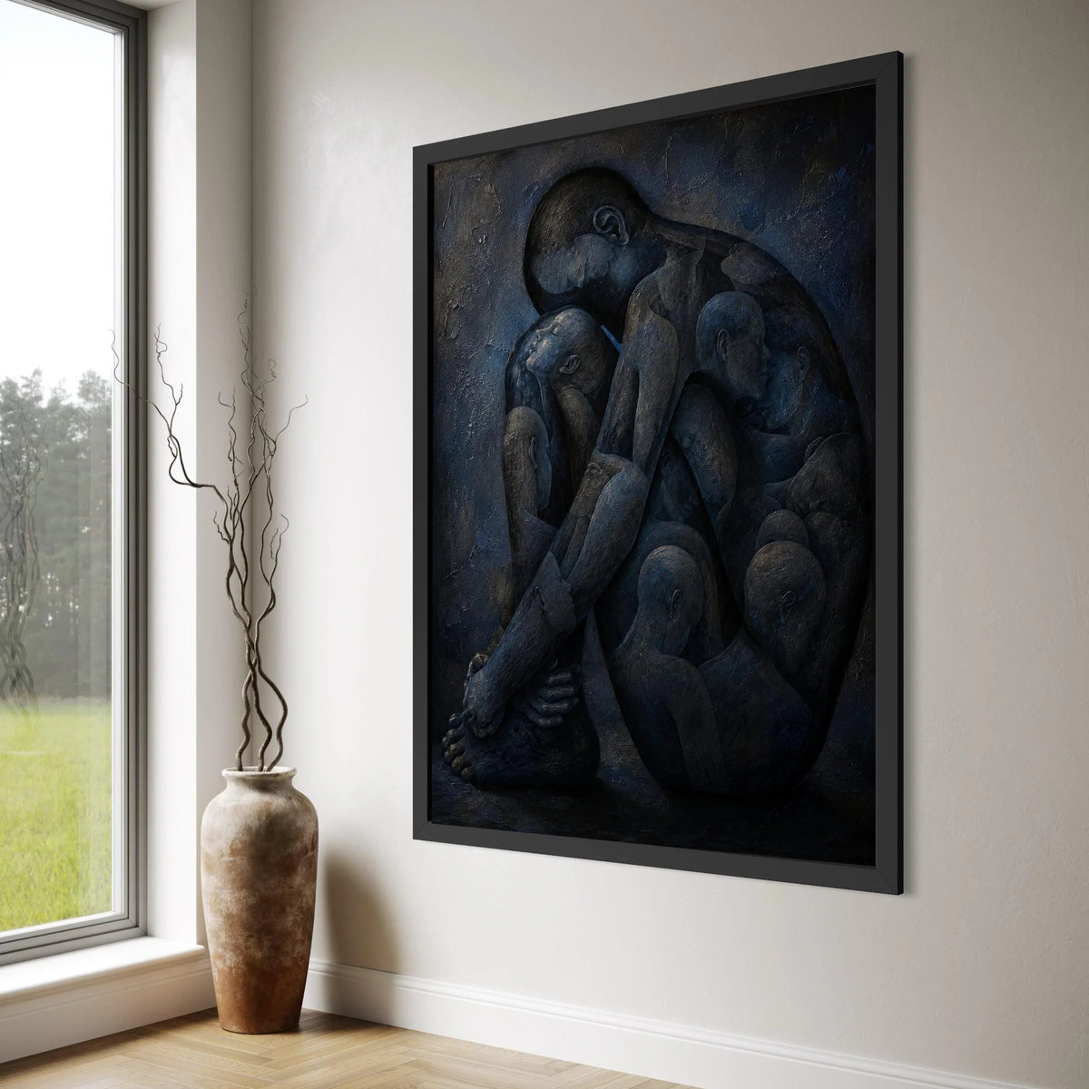 Contemplative Embrace Canvas, Abstract Human Figures Wall Art, Introspective Modern Canvas, Emotional Expression Painting, Blue Print Art