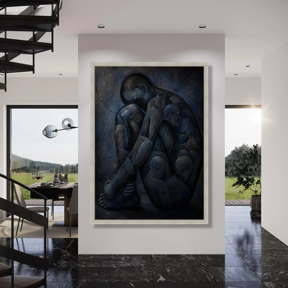 Contemplative Embrace Canvas, Abstract Human Figures Wall Art, Introspective Modern Canvas, Emotional Expression Painting, Blue Print Art