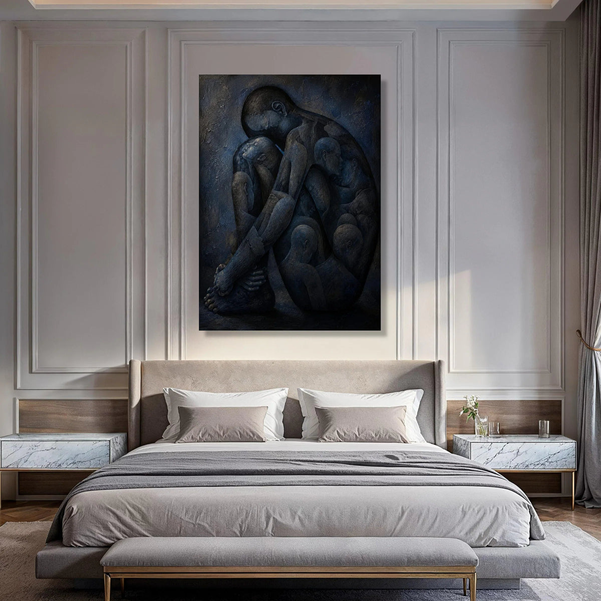 Contemplative Embrace Canvas, Abstract Human Figures Wall Art, Introspective Modern Canvas, Emotional Expression Painting, Blue Print Art