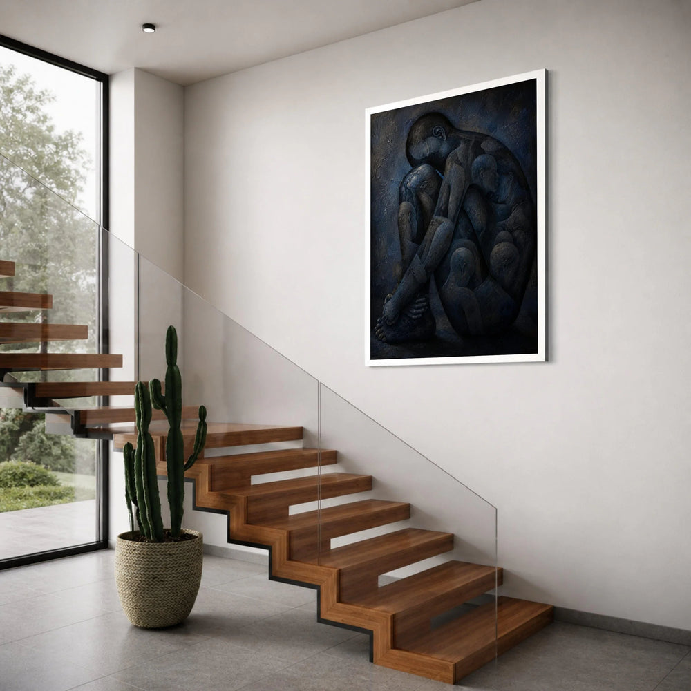 Contemplative Embrace Canvas, Abstract Human Figures Wall Art, Introspective Modern Canvas, Emotional Expression Painting, Blue Print Art