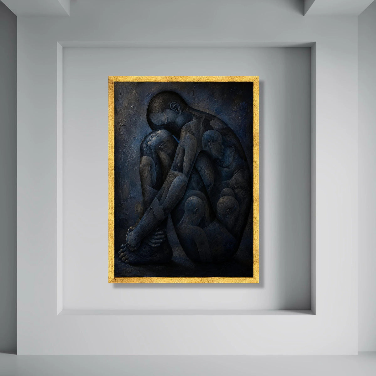 Contemplative Embrace Canvas, Abstract Human Figures Wall Art, Introspective Modern Canvas, Emotional Expression Painting, Blue Print Art