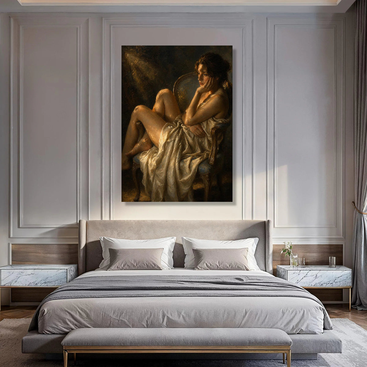 Contemplative Woman Chair Canvas, Classic Portrait Wall Art, Elegant Draped Fabric Canvas, Moody Indoor Scene, Timeless Home Print Art