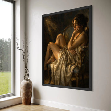 Contemplative Woman Chair Canvas, Classic Portrait Wall Art, Elegant Draped Fabric Canvas, Moody Indoor Scene, Timeless Home Print Art