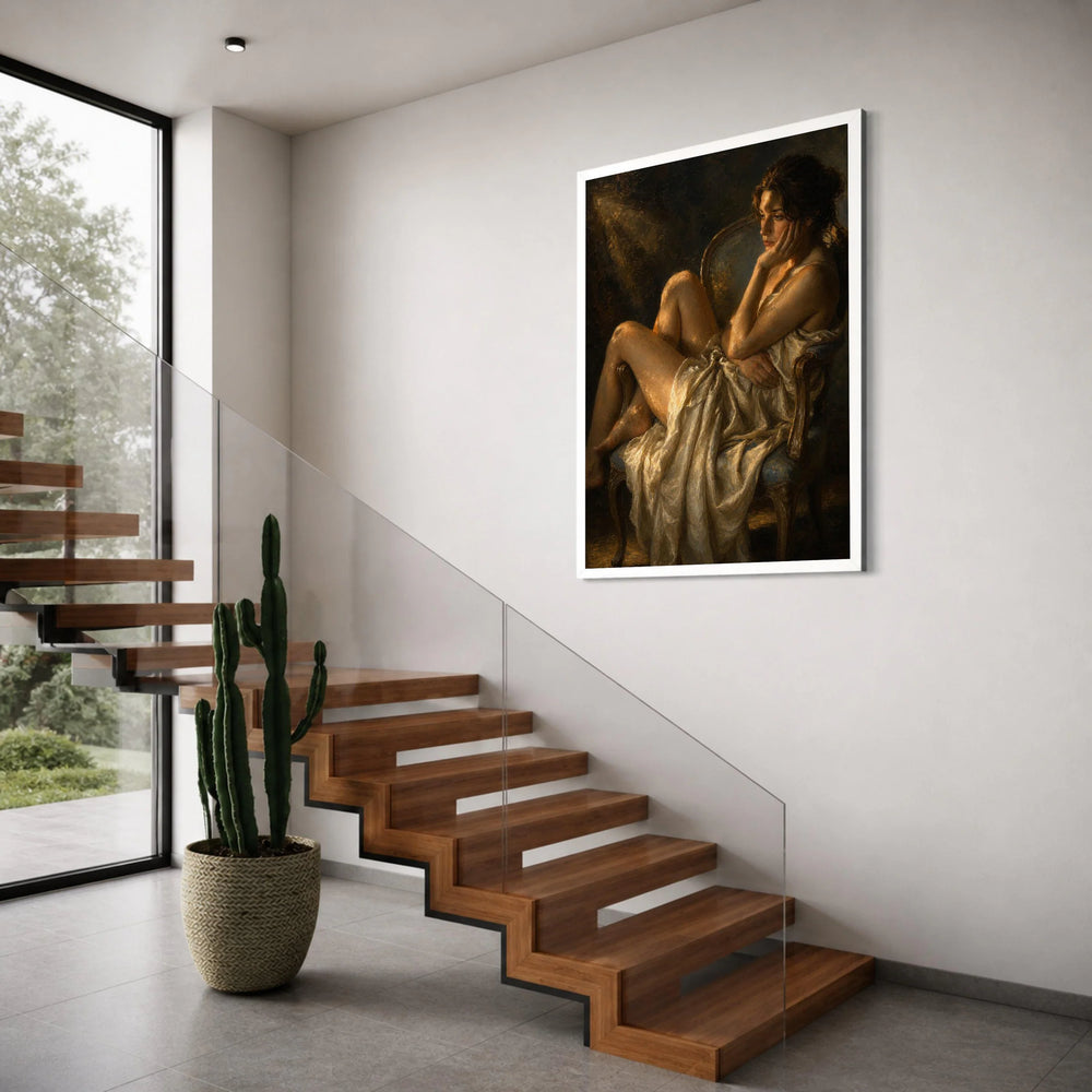 Contemplative Woman Chair Canvas, Classic Portrait Wall Art, Elegant Draped Fabric Canvas, Moody Indoor Scene, Timeless Home Print Art