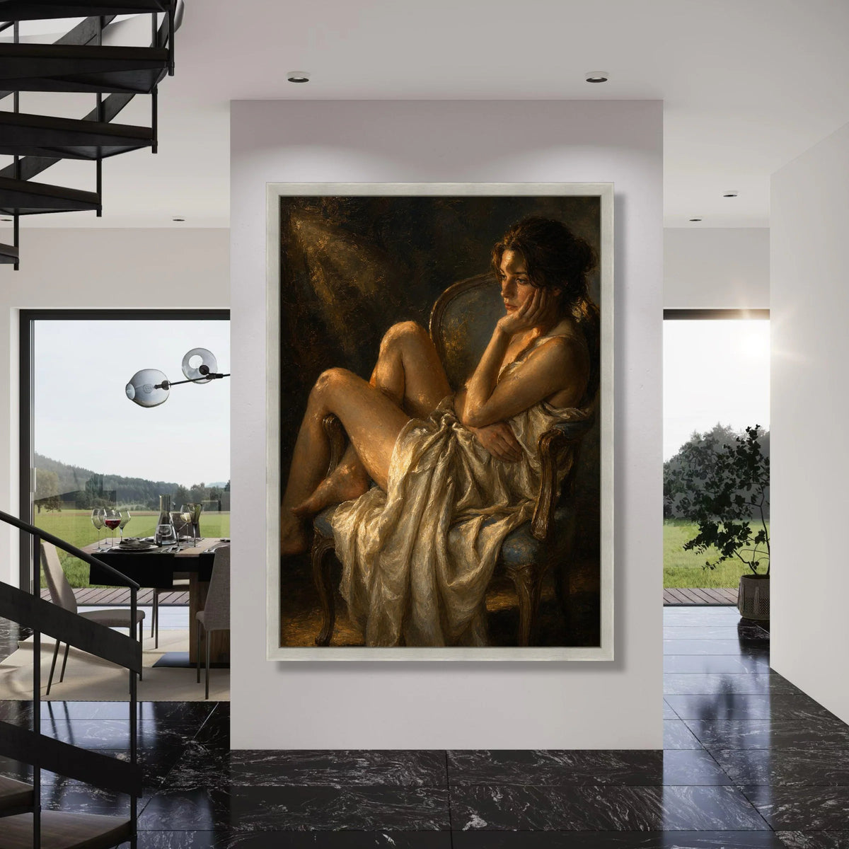 Contemplative Woman Chair Canvas, Classic Portrait Wall Art, Elegant Draped Fabric Canvas, Moody Indoor Scene, Timeless Home Print Art