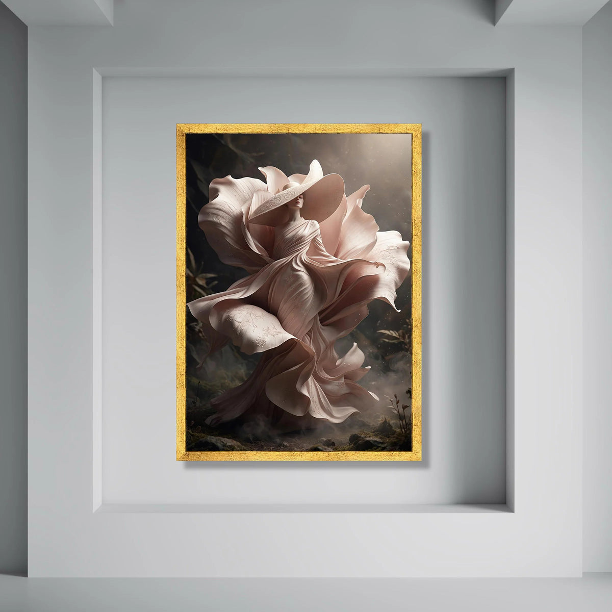Elegant Woman Flowing Dress Canvas, Fantasy Floral Dress Art, Soft Beige Tones Wall Art, Surreal Portrait Canvas, Home Decoration Print Art