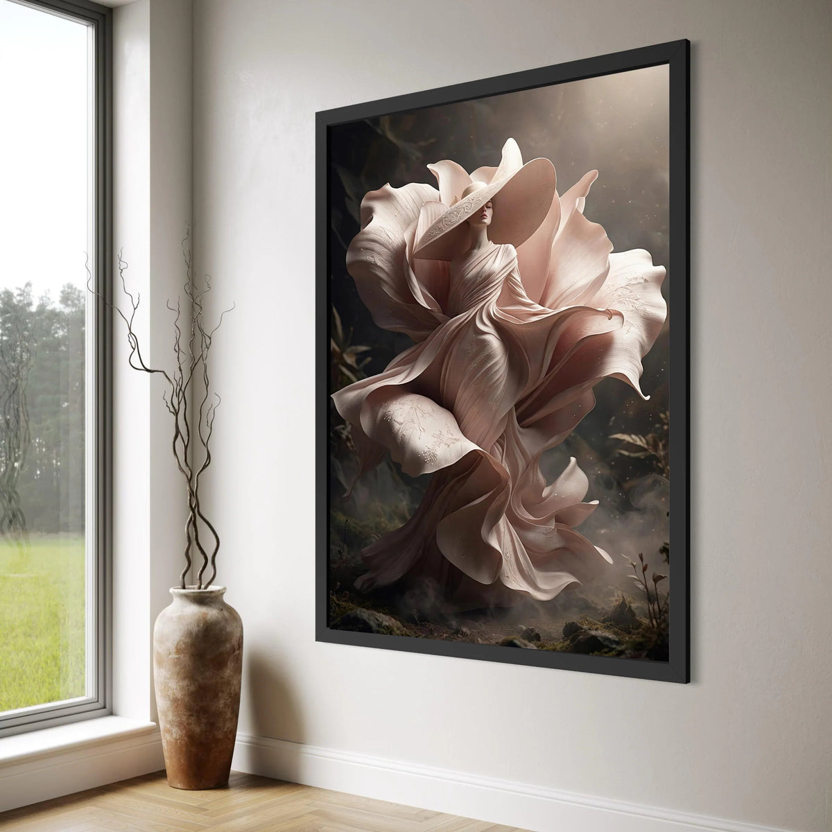 Elegant Woman Flowing Dress Canvas, Fantasy Floral Dress Art, Soft Beige Tones Wall Art, Surreal Portrait Canvas, Home Decoration Print Art