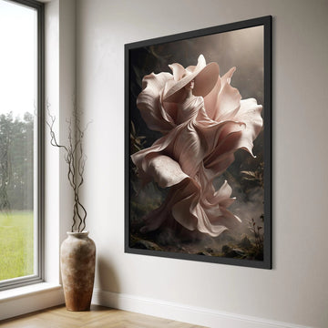 Elegant Woman Flowing Dress Canvas, Fantasy Floral Dress Art, Soft Beige Tones Wall Art, Surreal Portrait Canvas, Home Decoration Print Art