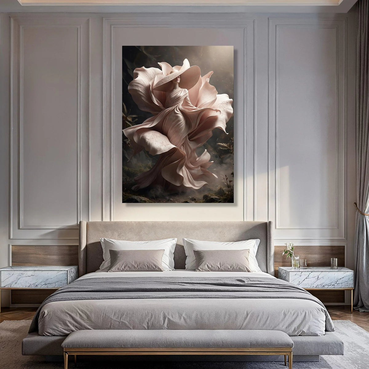 Elegant Woman Flowing Dress Canvas, Fantasy Floral Dress Art, Soft Beige Tones Wall Art, Surreal Portrait Canvas, Home Decoration Print Art
