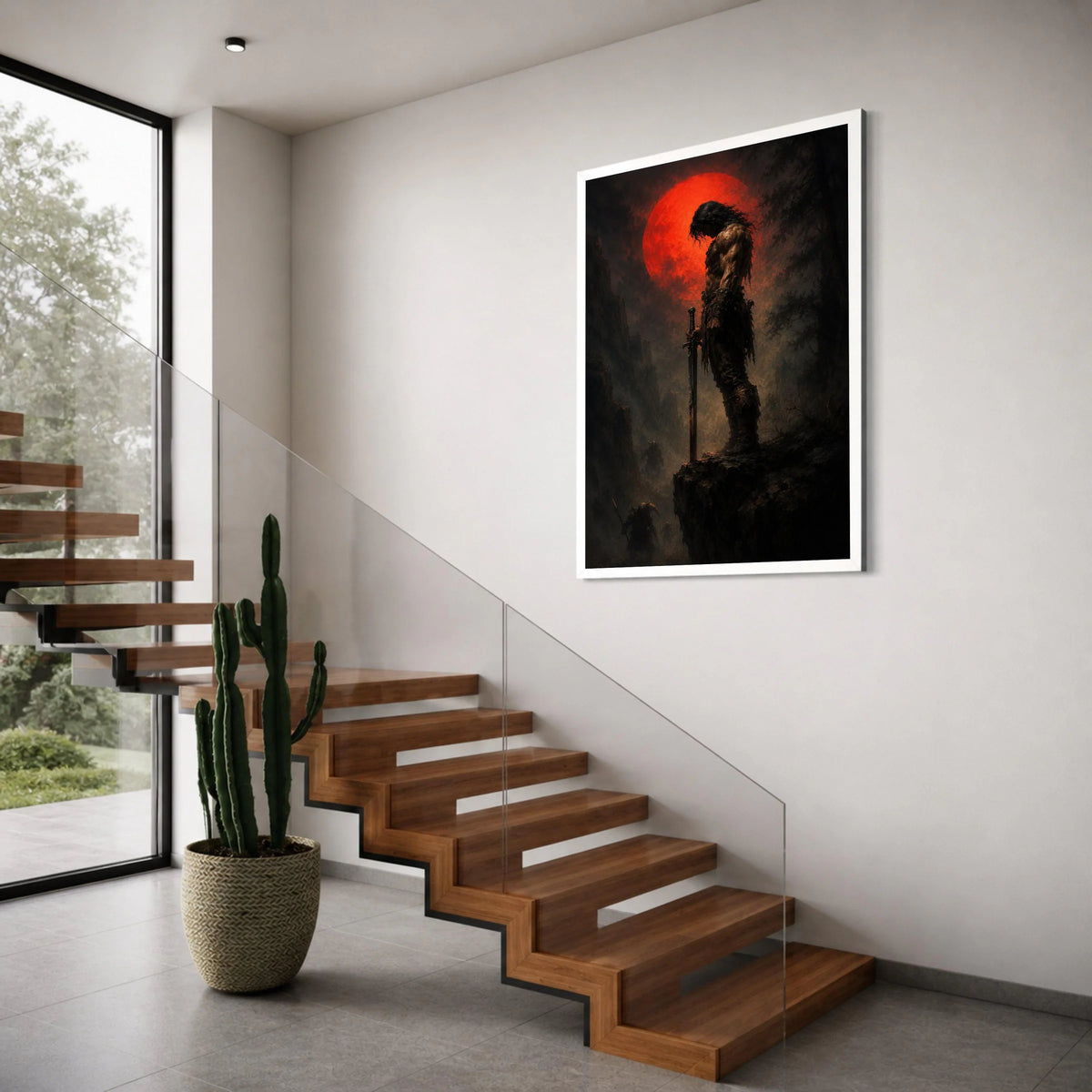 Warrior Silhouette with Blood Moon Canvas, Fantasy Hero Sword Art, Dark Epic Landscape, Mythical Battle Scene Wall Decoration Print Art
