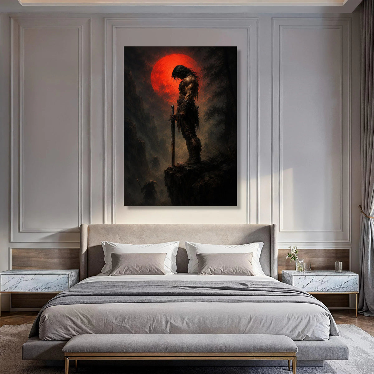 Warrior Silhouette with Blood Moon Canvas, Fantasy Hero Sword Art, Dark Epic Landscape, Mythical Battle Scene Wall Decoration Print Art