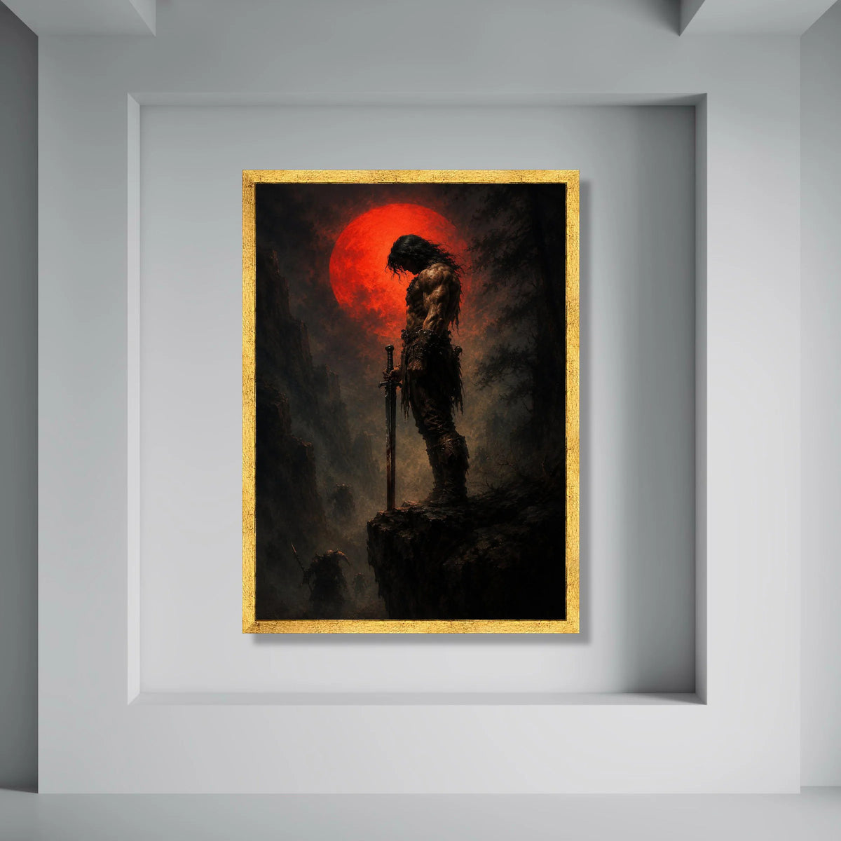 Warrior Silhouette with Blood Moon Canvas, Fantasy Hero Sword Art, Dark Epic Landscape, Mythical Battle Scene Wall Decoration Print Art
