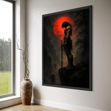 Warrior Silhouette with Blood Moon Canvas, Fantasy Hero Sword Art, Dark Epic Landscape, Mythical Battle Scene Wall Decoration Print Art