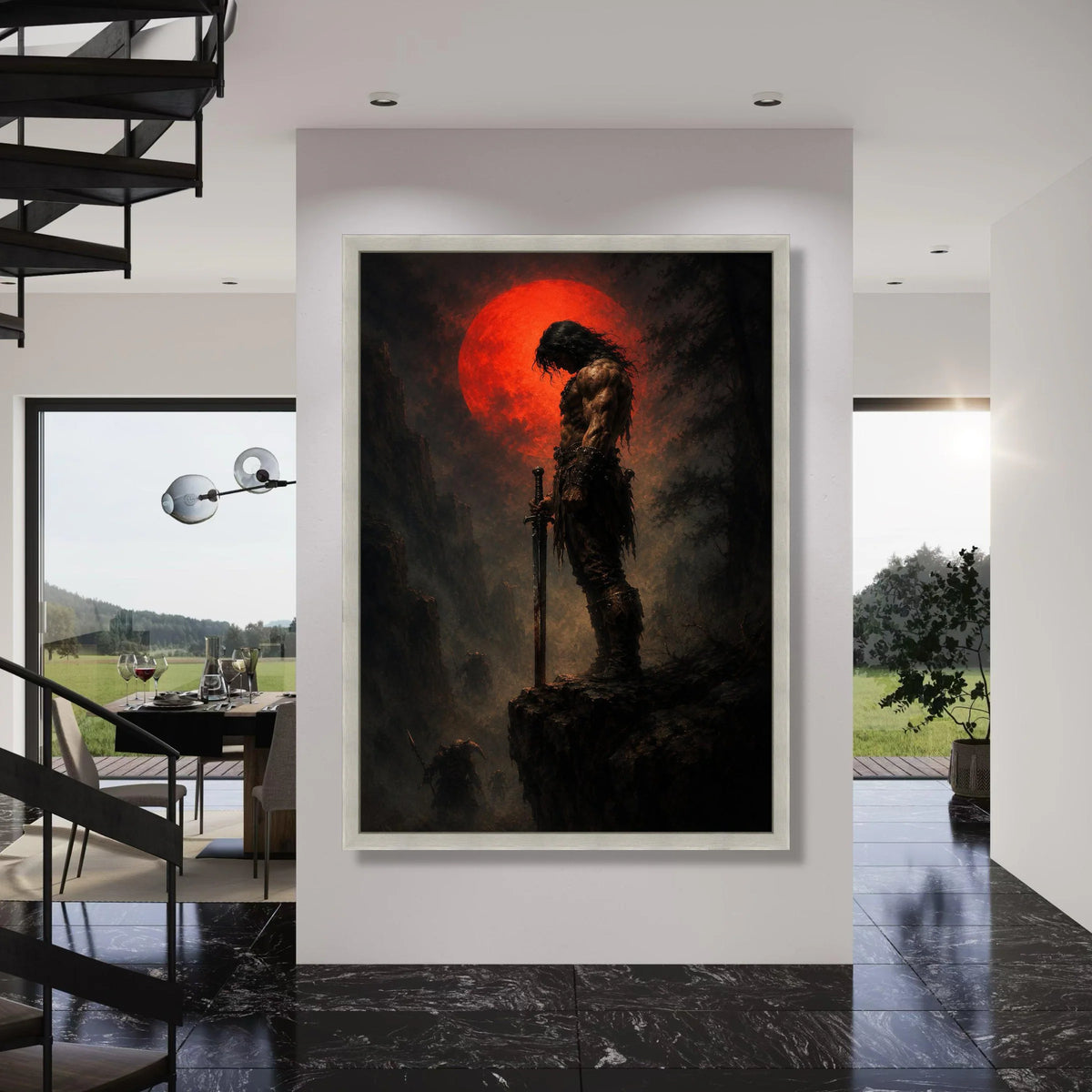 Warrior Silhouette with Blood Moon Canvas, Fantasy Hero Sword Art, Dark Epic Landscape, Mythical Battle Scene Wall Decoration Print Art