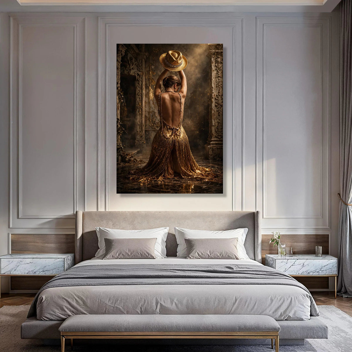 Elegant Backless Evening Dress, Golden Gown Canvas Wall Art, Fashion Portrait, Luxurious Woman Decoration, Glamour Style Canvas Print Art