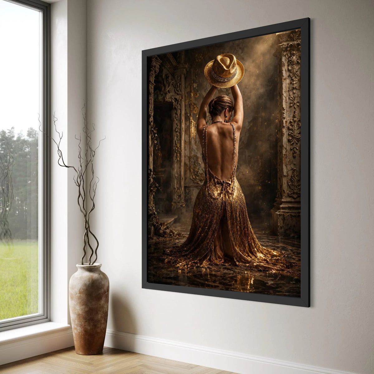 Elegant Backless Evening Dress, Golden Gown Canvas Wall Art, Fashion Portrait, Luxurious Woman Decoration, Glamour Style Canvas Print Art