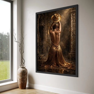 Elegant Backless Evening Dress, Golden Gown Canvas Wall Art, Fashion Portrait, Luxurious Woman Decoration, Glamour Style Canvas Print Art