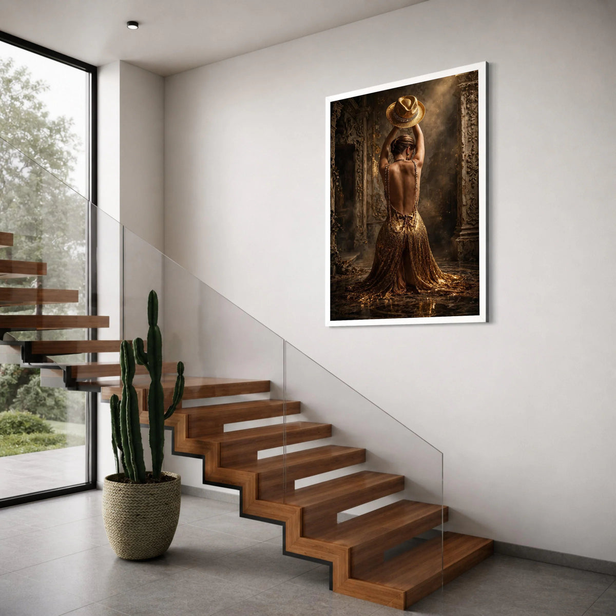 Elegant Backless Evening Dress, Golden Gown Canvas Wall Art, Fashion Portrait, Luxurious Woman Decoration, Glamour Style Canvas Print Art