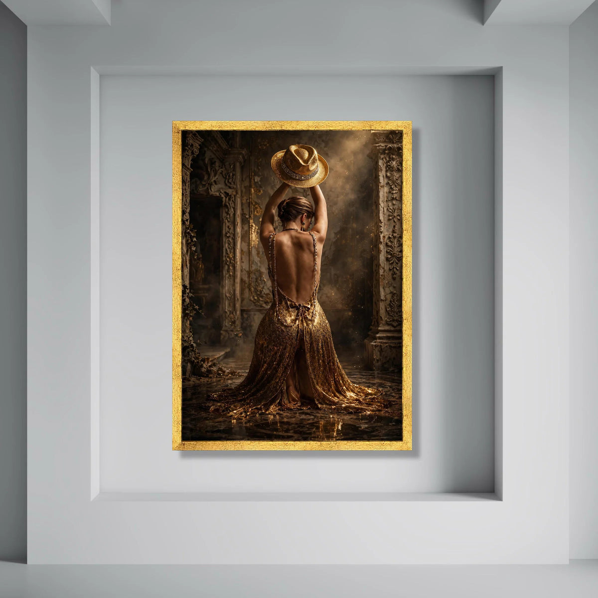 Elegant Backless Evening Dress, Golden Gown Canvas Wall Art, Fashion Portrait, Luxurious Woman Decoration, Glamour Style Canvas Print Art