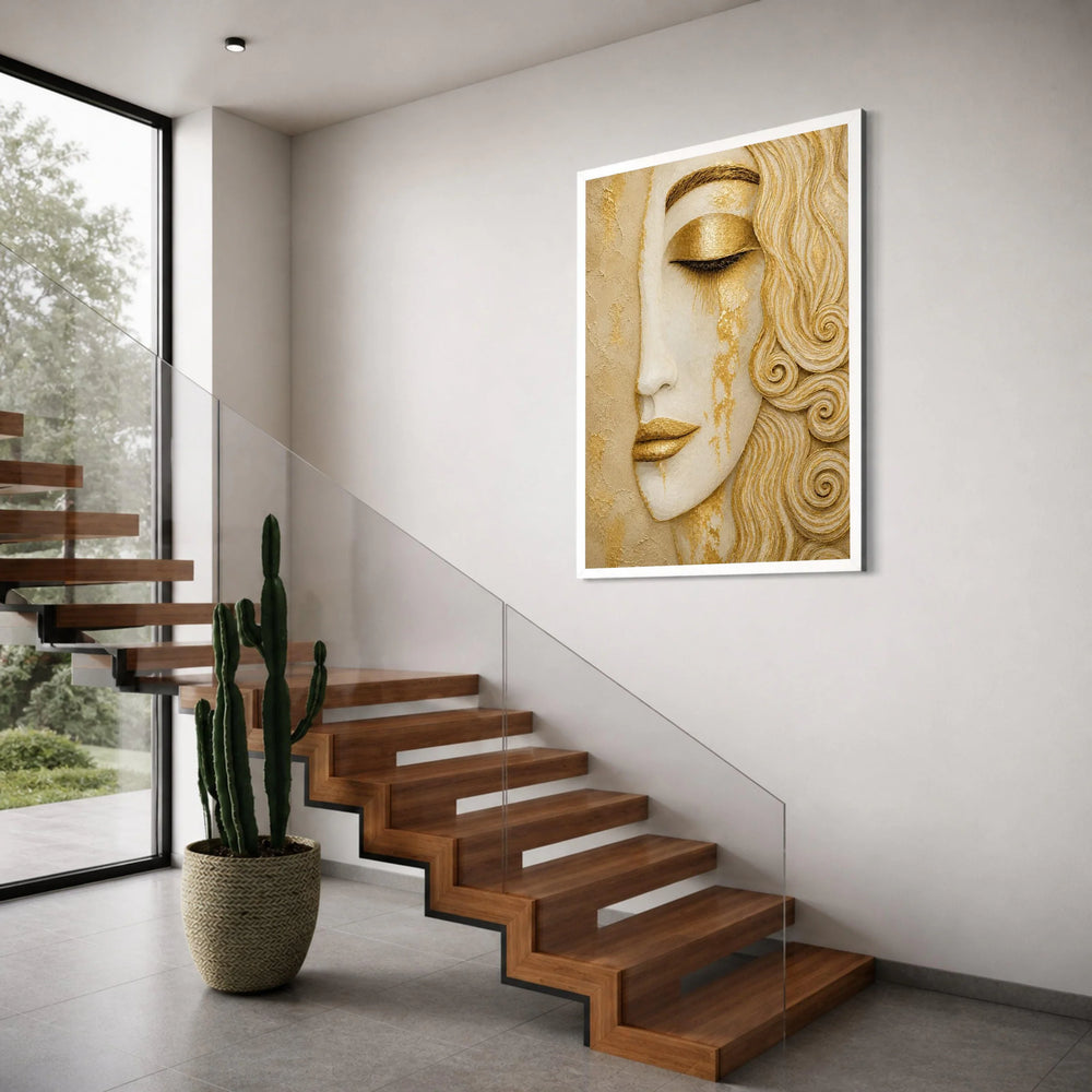 Elegant Woman Face Canvas Wall Art, Gold Abstract Portrait, Modern Female Close-Up Canvas, Contemporary Home Decoration, Glamorous Print Art