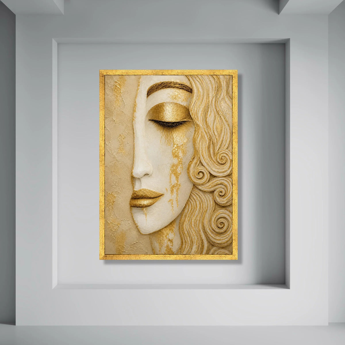 Elegant Woman Face Canvas Wall Art, Gold Abstract Portrait, Modern Female Close-Up Canvas, Contemporary Home Decoration, Glamorous Print Art